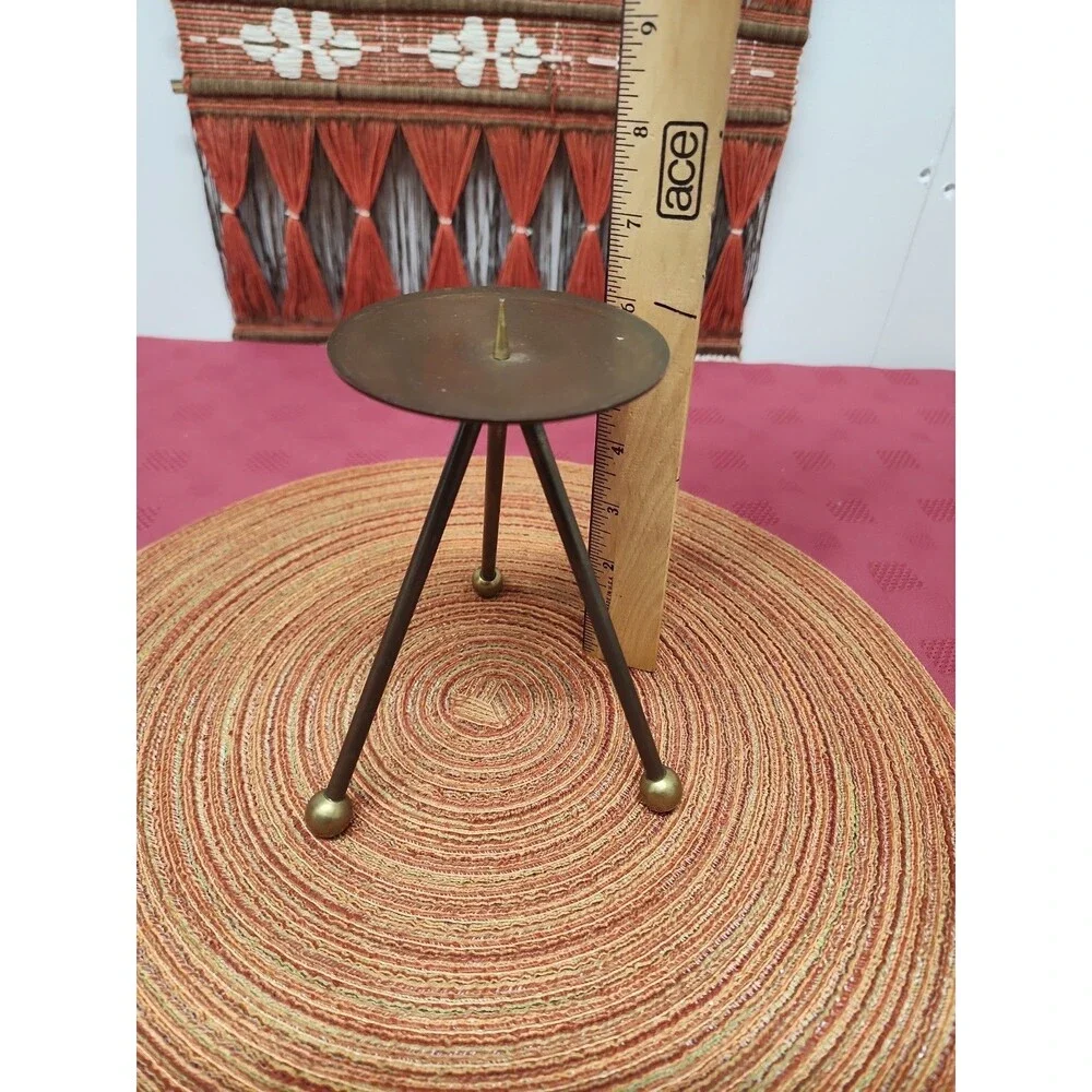 Vintage Pier 1 Solid Brass Tripod Pillar Candle Holder Minimalist MCM Sputnik
